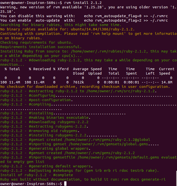 Installed Ruby 2.1.2 in the terminal