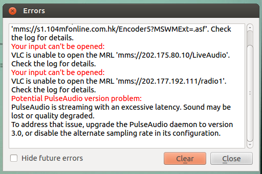 VLC error dialog showing a PulseAudio version problem